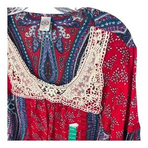 Bila Paisley Print Peasant Womens XL Blouse Crochet Trim Bohemian Top‎